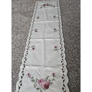 Dutch Novelties Embroidered Rose Doily Cutwork Edge Table Runner 54x16